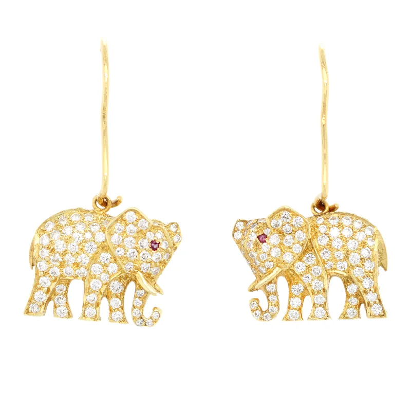 Simple Crystal Earrings-Vintage 1.50ctw Diamond & Ruby Eyed Elephant Dangle Earrings in 18k Yellow Gold