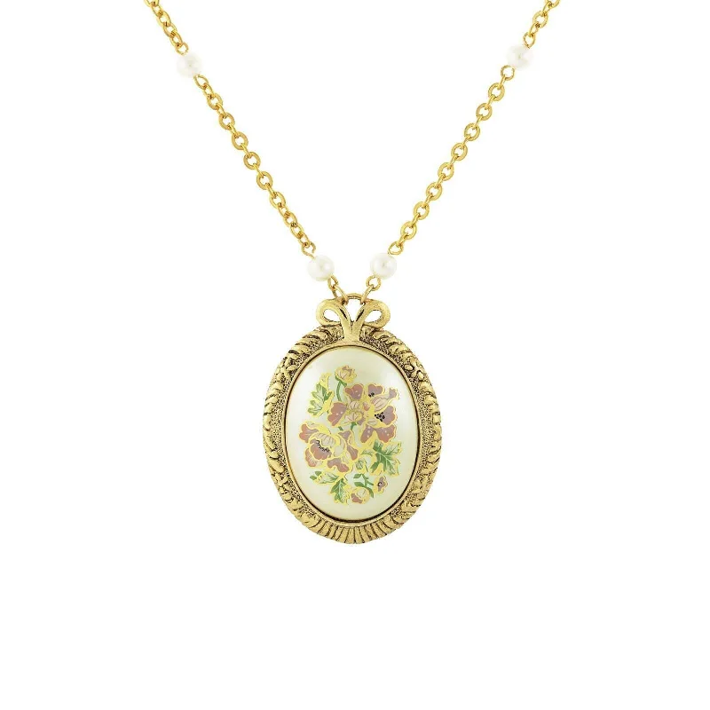 Custom Diamond Necklaces-1928 Jewelry Large Oval Flower Decal Faux Pearl Pendant Necklace 30"