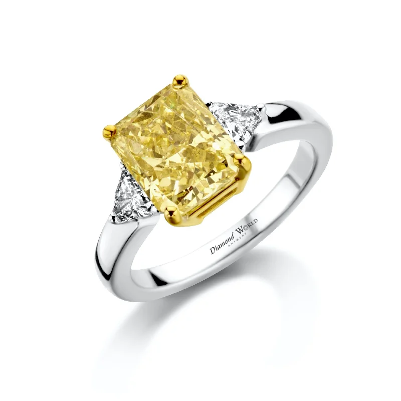 Retro Engagement Rings-Emerald cut Fancy Yellow Diamond & Trillion cut Diamonds Trilogy