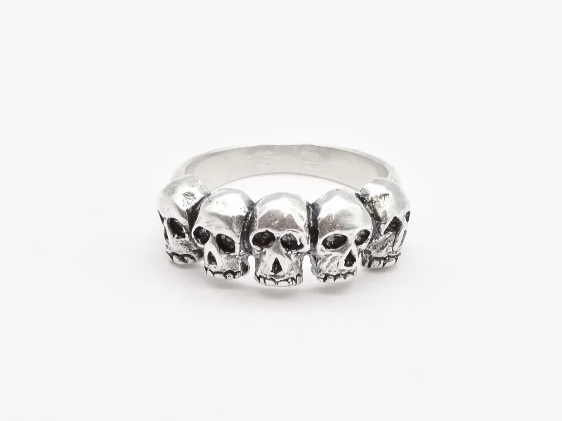 Matching Couples Rings-Silver Skull Ring - 5 Skulls Band - Men's Biker Ring