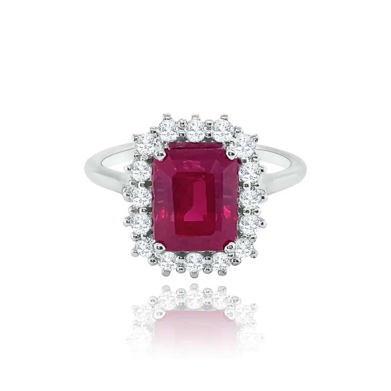 Simple Promise Wedding Rings-Classic Halo Diamonds & Emerald cut Ruby "Iris " Ring