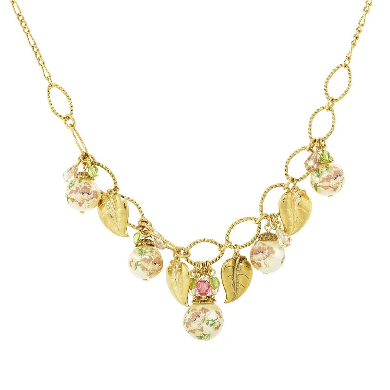 Shiny Necklaces-1928 Jewelry Flower Decal Faux Pearl With Gold Leaf Necklace 16" + 3" Extender