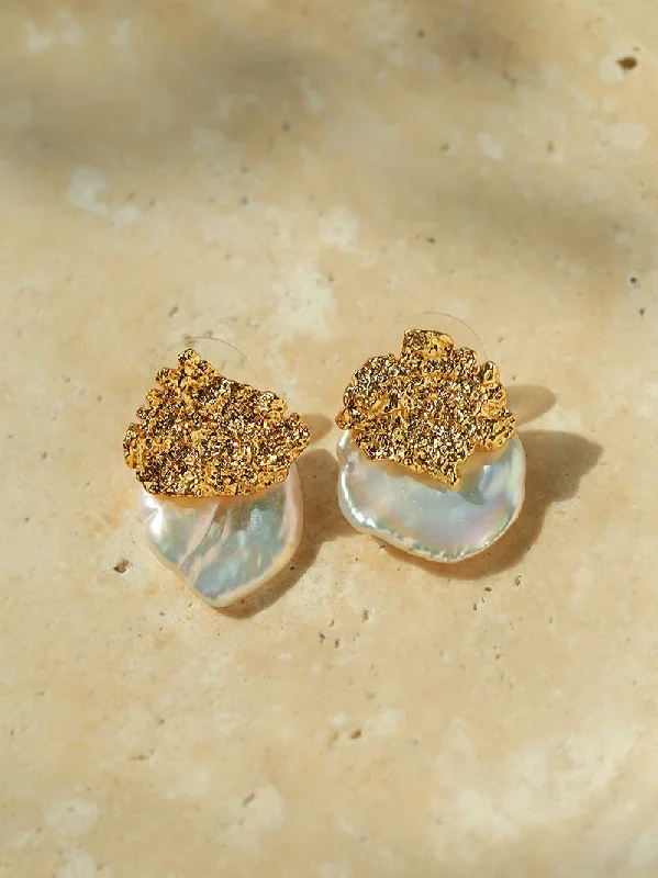 Silver and Rose Gold Earrings-Petal Baroque Pearl Earrings-Single Pearl Stud Earrings