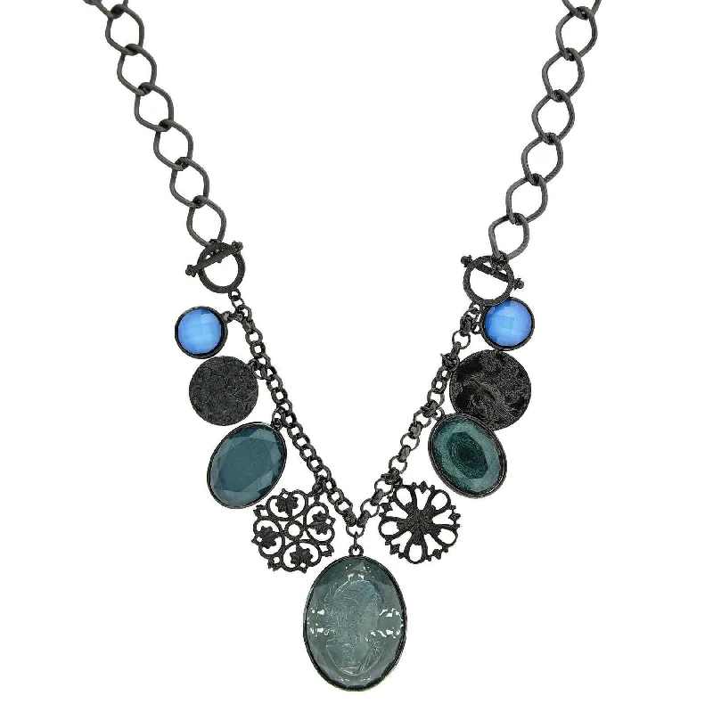 Stainless Steel Necklaces-2028 Jewelry Blue Multi Drop Victorian Cameo Pendant Necklace 16" + 3" Extender