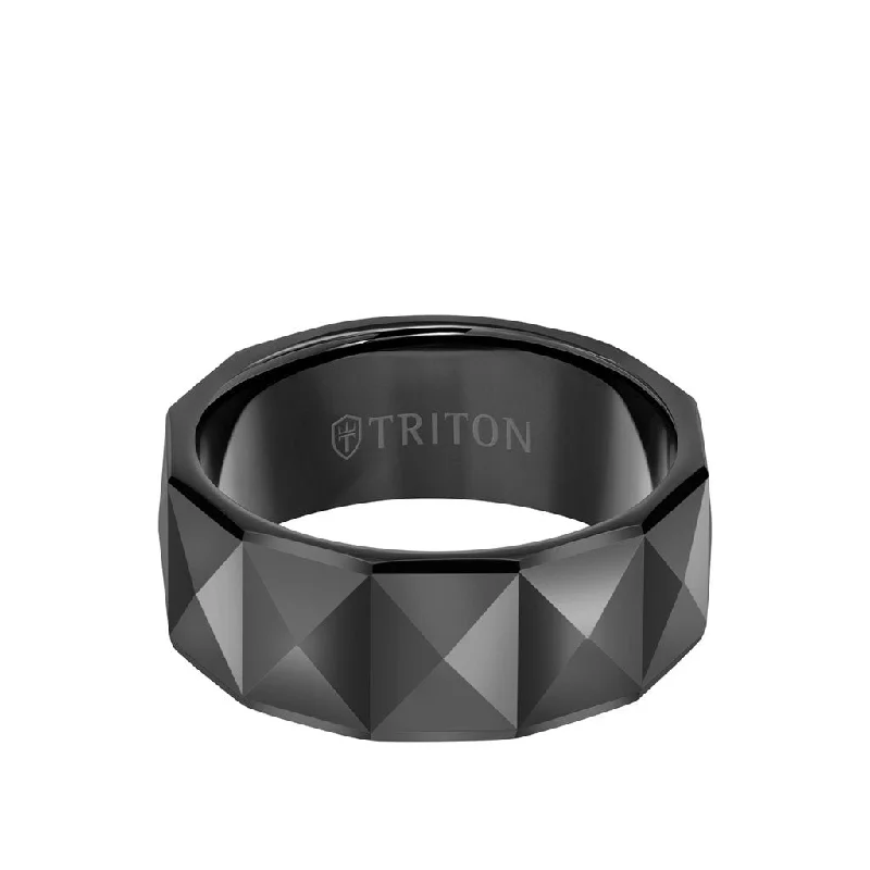 Custom Luxury Rings-9MM Tungsten Carbide Ring - Faceted Pyramid Pattern and Round Edge