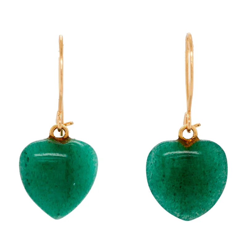 Rose Gold Earrings-Vintage Green Jade Heart Drop/Dangle Earrings - 14k Yellow Gold - Wireback