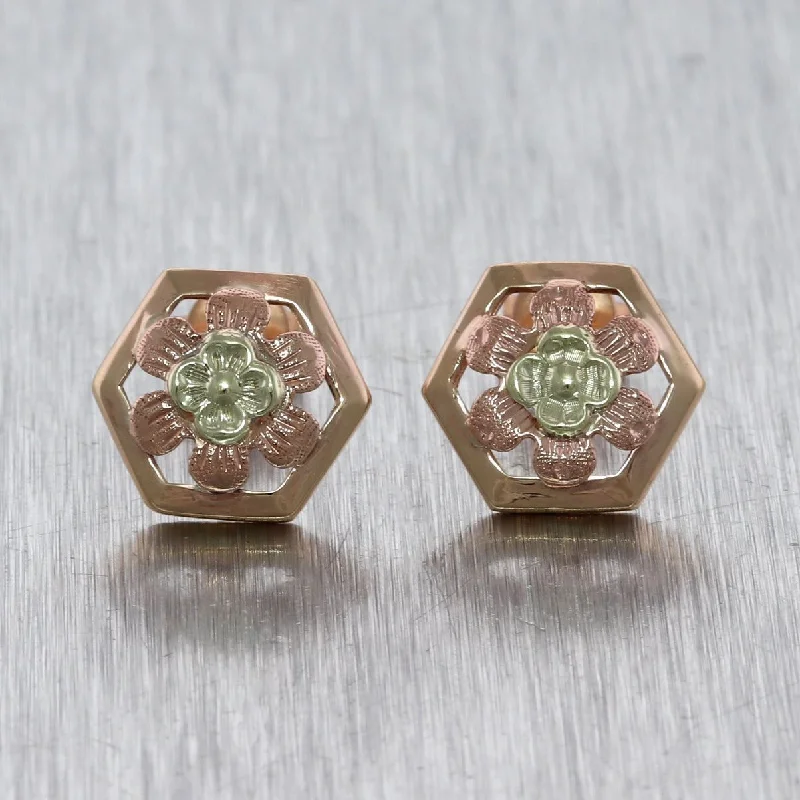 Silver Stud Earrings-1930's Antique Art Deco 14k Yellow & Rose Gold Flower Earrings