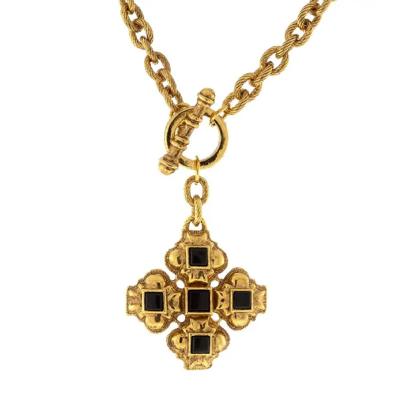 Luxury Custom Necklaces-Antiquities Couture Vestments Square Black Onyx Cross Pendant Toggle Necklace  17"