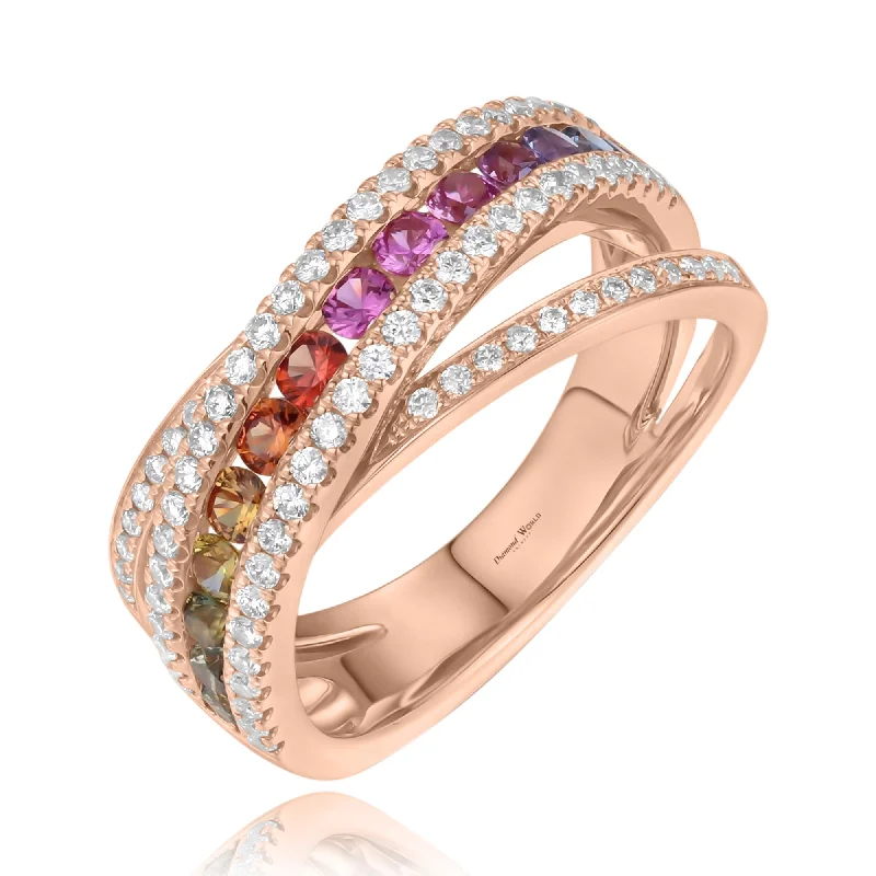 High-End Wedding Band Sets-Multi Colour Sapphires & Diamonds "X" Ring