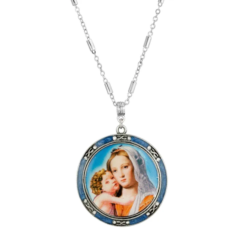 Bridesmaid Necklaces-Symbols Of Faith Round Blue Enamel Mary and Child Decal Pendant Necklace 30"