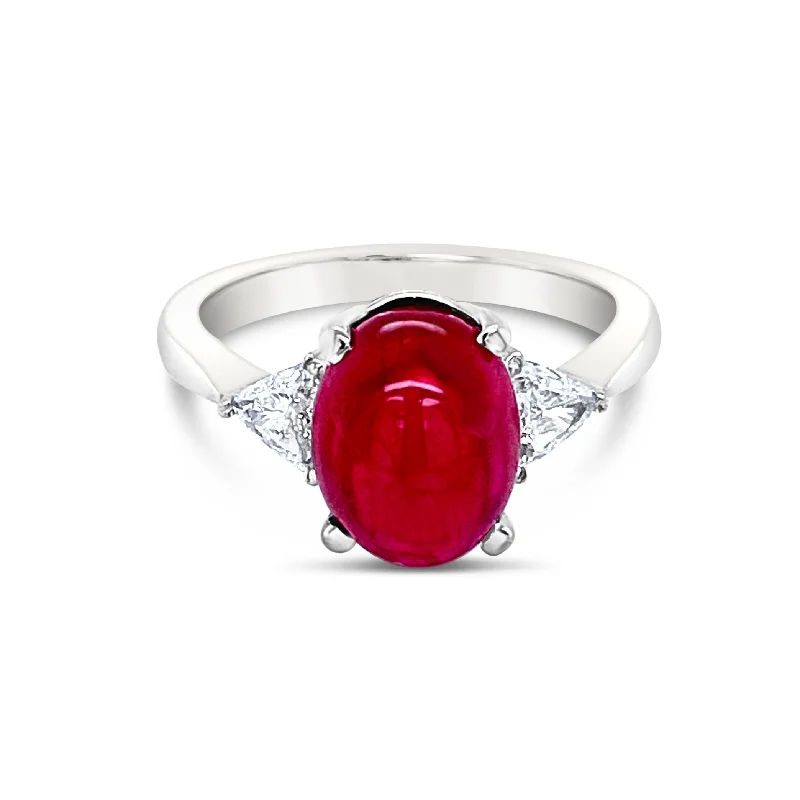 Promise Rings with Custom Engraving-Cabochon Ruby & Trillion cut Diamonds Ring