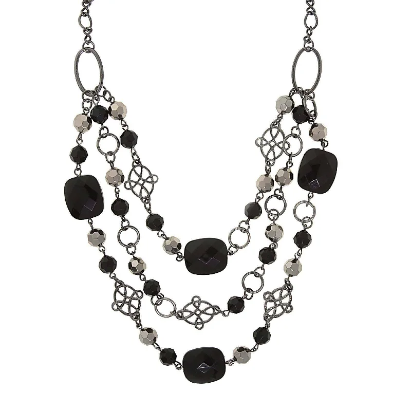 Bridesmaid Necklaces-2028 Jewelry Black & Hematite Beaded Layer Necklace 18"