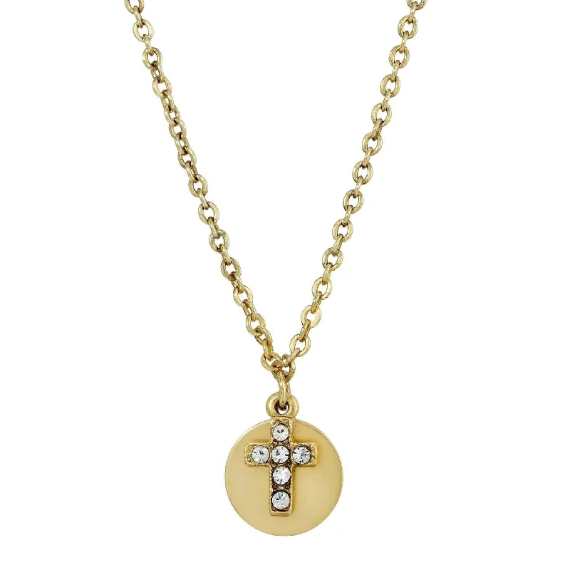 Fashion Jewelry Necklaces-Symbols of Faith Crystal Cross Round Disc Pendant Necklace 16" + 3" Extender