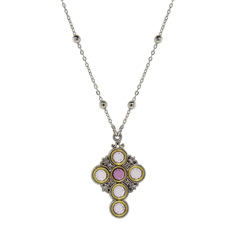 Unique Necklaces-Symbols Of Faith Pewter Cross Chain Light & Dk Purple Round Crystals Pendant Necklace 16" + 3" Extender