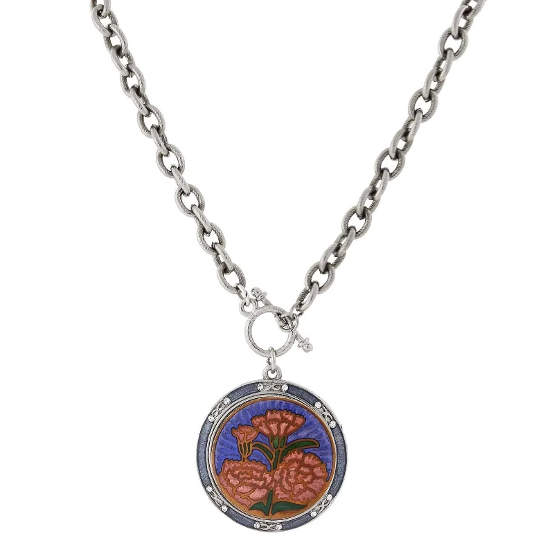 Vintage Necklaces-1928 Jewelry Blue and Orange Floral Enamel Medallion Toggle Pendant Necklace 20