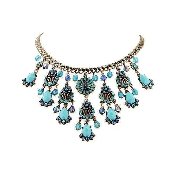 Chunky Necklaces-2028 Jewelry Burnished Copper Turquoise AB Crystal Enamel Bib Necklace 16" + 3" Extender