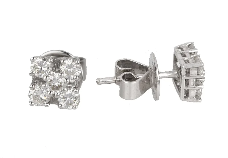 Multi-Stone Earrings-Ladies Solid 18k 750 White Gold 0.78ctw Diamond Cluster 6mm Square Stud Earrings