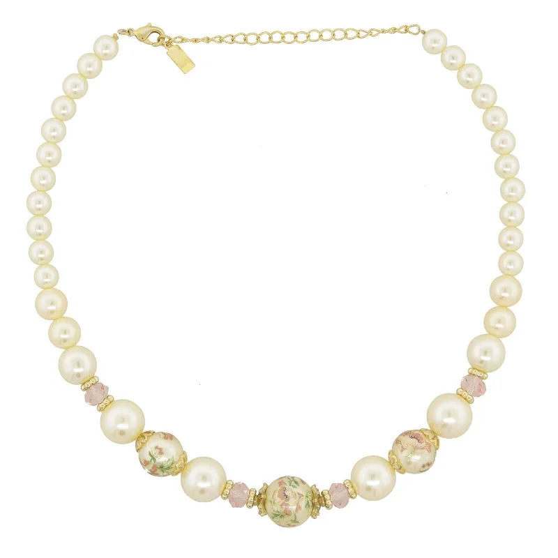 Pearls And Gold Necklaces-1928 Jewelry Flower Decal Faux Pearl Strand Necklace 16" + 3" Extender