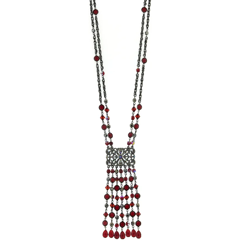 Energy Necklaces-2028 Jewelry Siam Ab Crystal And Hematite Fringe Tassel Necklace 30"