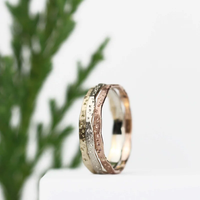 Promise Rings with Custom Engraving-Three Stardust Stacking Bands 14k Gold