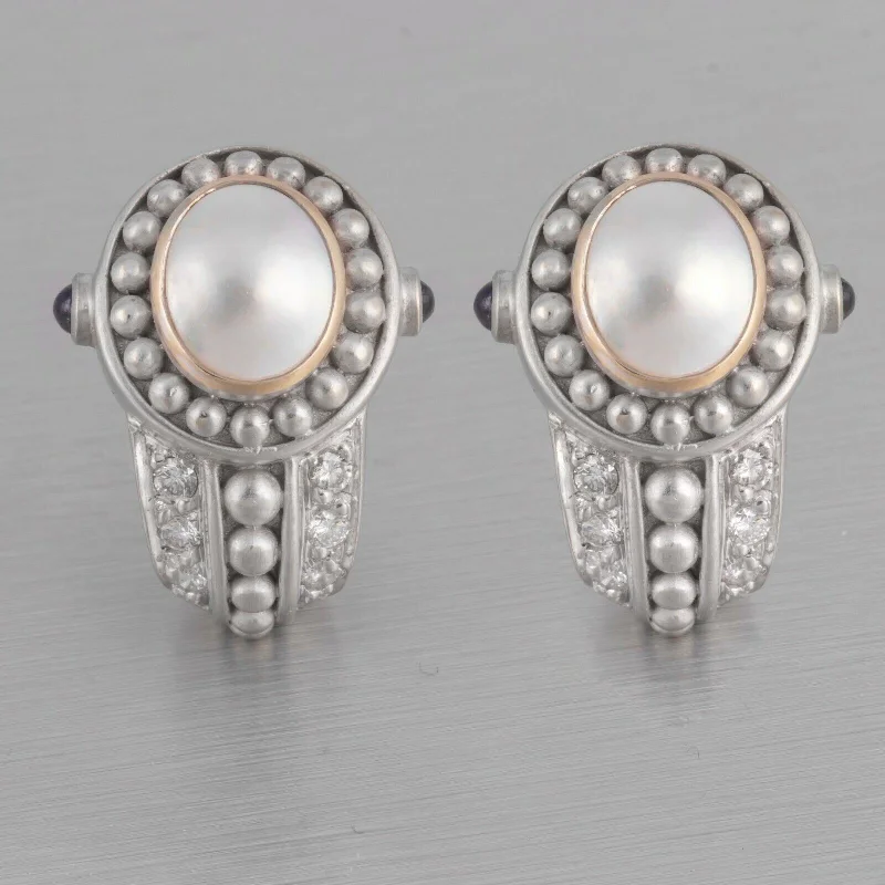 Lightweight Earrings-Judith Ripka 18k White Gold Cabochon Pearl Diamond & Sapphire Earrings 0.50ctw