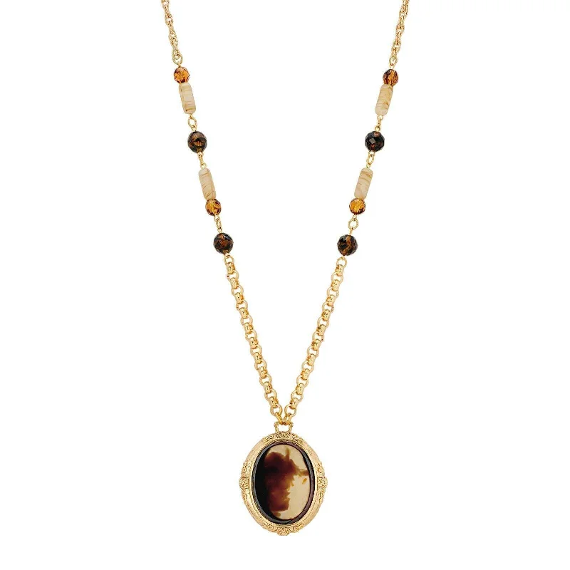 Cute Necklaces-1928 Jewelry German Oval Tortoise Antique Glass Stone Beaded Pendant Necklace 30"