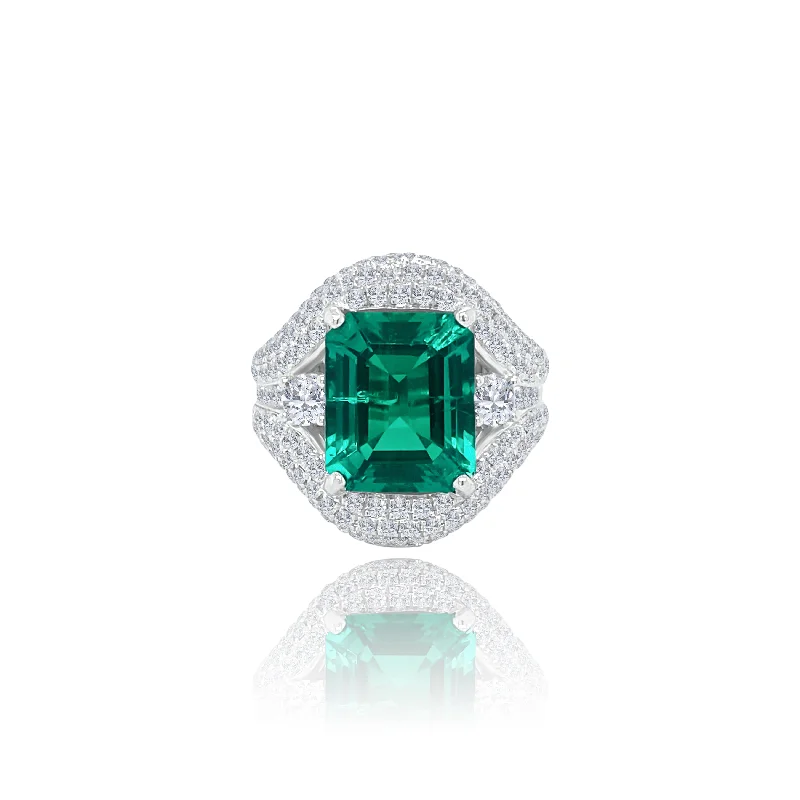 Matching Engagement Rings Sets-Emerald cut Emerald & Diamonds "Alaia" Ring