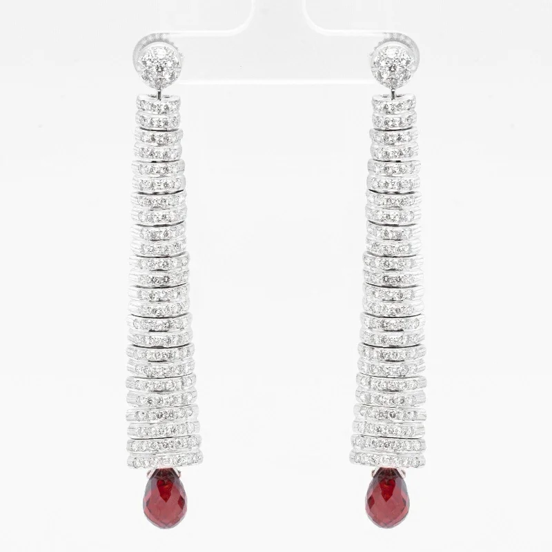 Chic Gemstone Earrings-18k White Gold Earrings Caterpillar Diamond & Dangling Briolette Garnet 3.00ctw