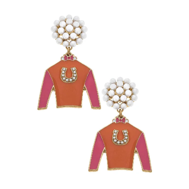 Artistic Hoop Earrings-Canvas Style - Riva Ridge Jockey Silk Enamel Drop Earrings in Orange & Pink