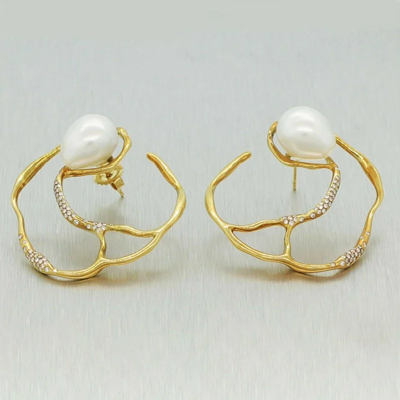 Simple Drop Gemstone Earrings-Ippolita 18k Yellow Gold Perla Circular Diamond & Pearl Custom Made Earrings