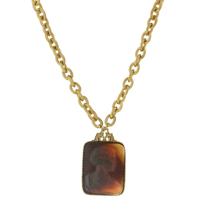 Gold-Plated Necklaces-2028 Jewelry Tortoise Intaglio Victorian Glass Square Pendant Necklace 18" + 3" Extender