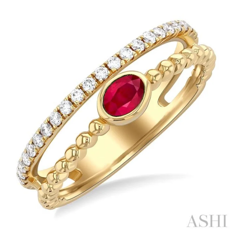 Affordable Gemstone Rings-4x3 MM Oval Shape Ruby and 1/5 ctw Single Cut Diamonds Precious Fashion Split Twin Ring in 10K Yellow Gold