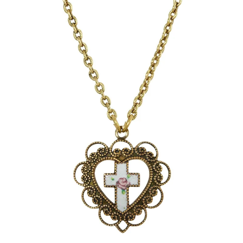 Custom Picture Necklaces-Symbols Of Faith Heart With White Floral Cross Pendant Necklace 16" + 3" Extender