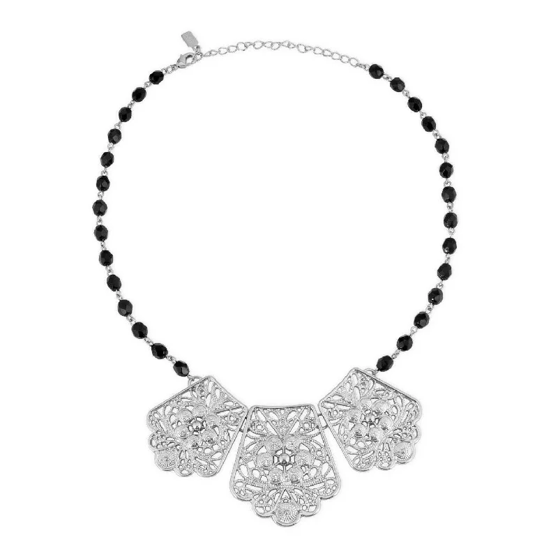 Zodiac Necklaces-1928 Jewelry Jet Black Glass Beaded Filigree Collar Necklace 16" + 3" Extender