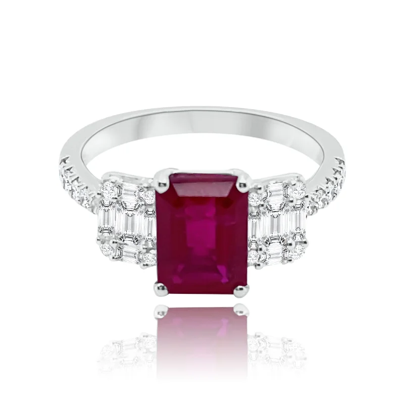 Customizable Engagement Ring Settings-Ruby & Diamonds Trilogy Ring