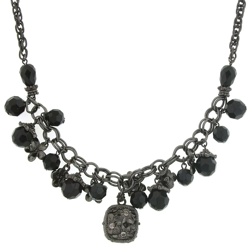 Dog Necklaces-1928 Jewelry Black Bead Flower Charms & Floral Pendant Necklace 16" + 3" Extender