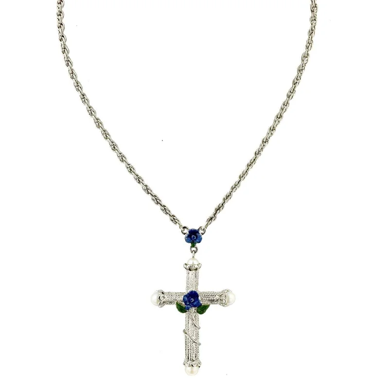 Statement Chain Necklaces-1928 Jewelry Blue Rose Enamel Cross Pendant Necklace 30"