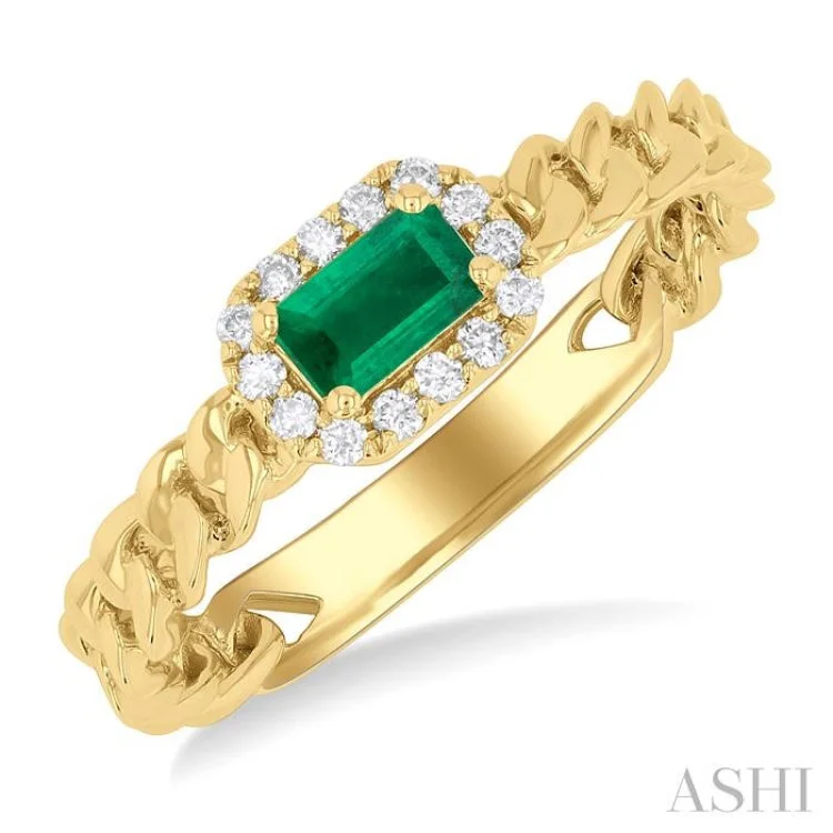 Retro Engagement Rings-5x3 MM Oval Cut Emerald and 1/10 ctw Curb & Cuban Link East-West Round Cut Diamond Halo Precious Ring in 10K Yellow Gold