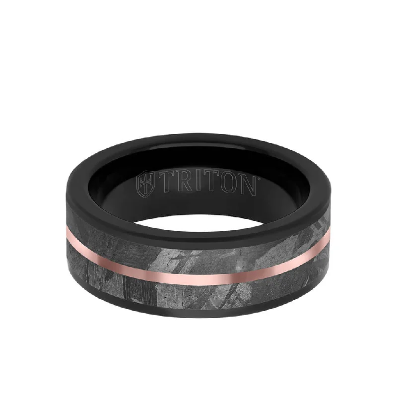 Designer Fashion Rings for Women-8MM Tungsten Carbide Ring - Meteorite Inlay with Center Line and Flat Edge