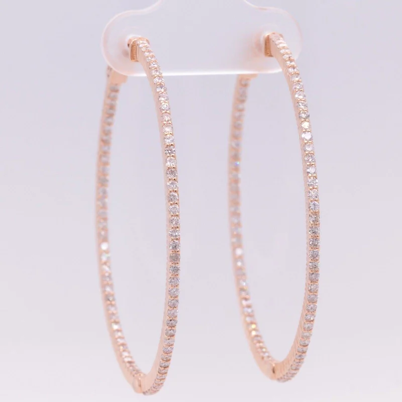 Geometric Gold Earrings-LARGE 14k Rose Gold Diamond In & Out Hoop 1.70" Earrings 1.63ctw - Snap Closure