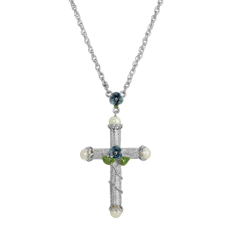 Gemstone Necklaces-Symbols Of Faith Blue Rose Enamel Cross Faux Pearl Pendant Necklace 30"