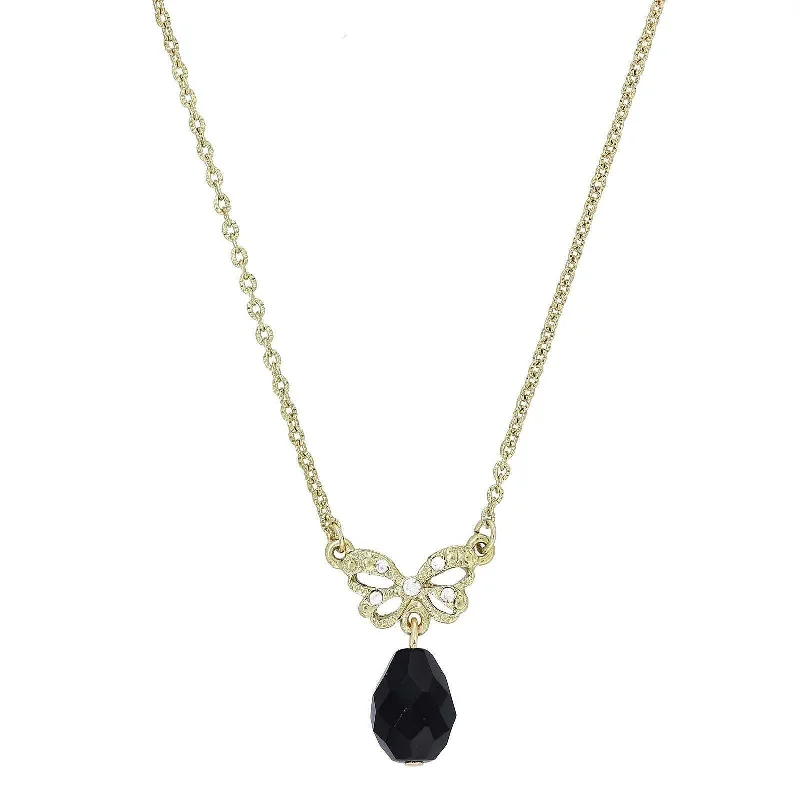 Butterfly Pendant Necklaces-1928 Jewelry Bow Black Bead Drop Pendant Necklace 16" + 3" Extender