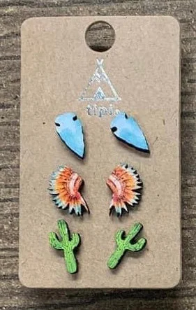 Rose Gold Dangle Drop Earrings-Cactus Headdress Arrowhead Wooden Earrings