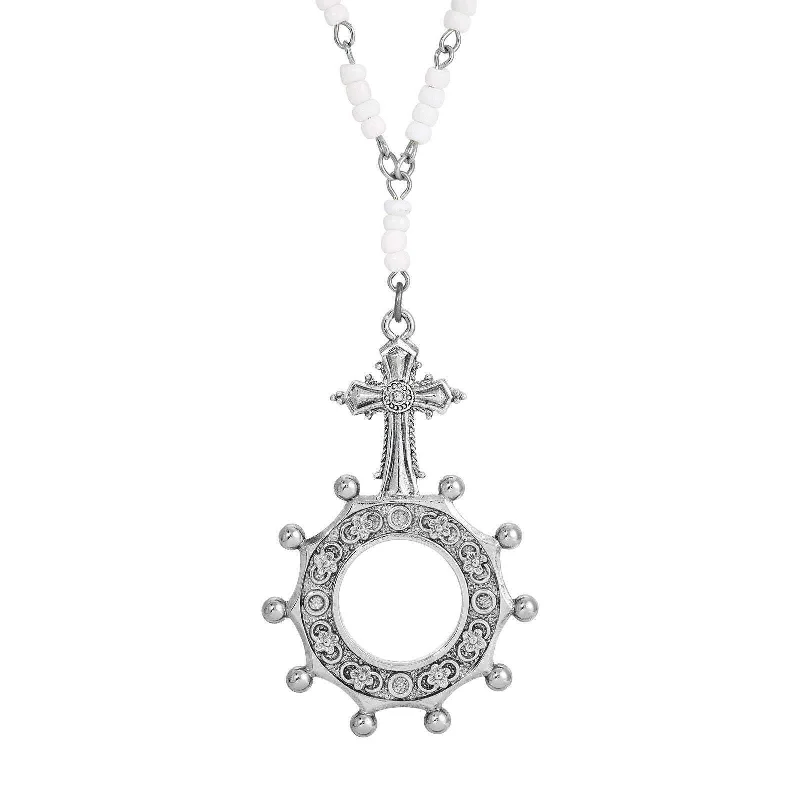 Antique Necklaces-Symbols Of Faith White Seed Bead Pewter Rosary Prayer Ring Pendant Necklace 28 Inches