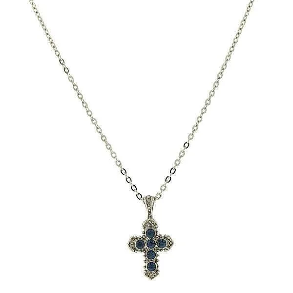 Modern Necklaces-Symbols Of Faith Blue Crystal Cross Pendant Necklace 16" + 3" Extender