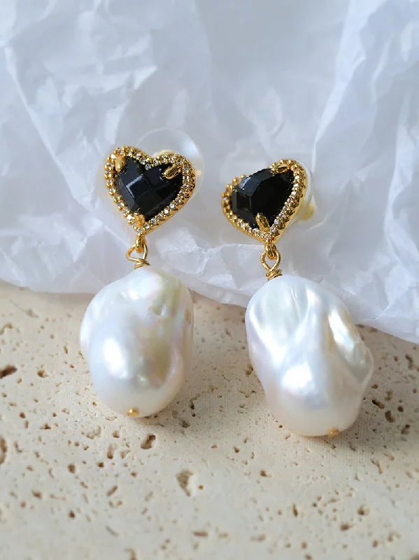 Multi-Layered Earrings-Black Heart-shaped Baroque Pearl Earrings