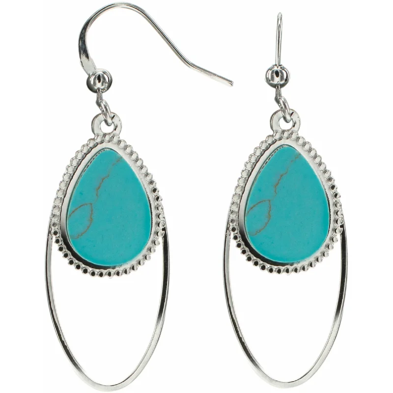 Dark Gemstone Earrings-Silver Double Drop Turquoise Earrings