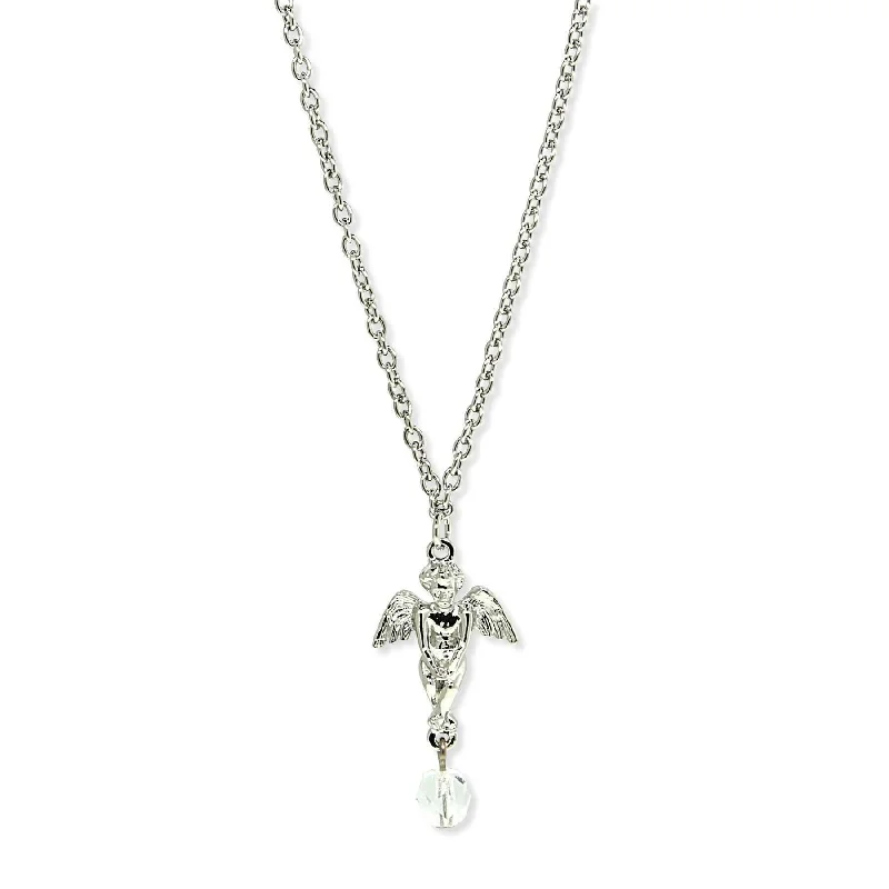 Handmade Necklaces-1928 Jewelry Winged Angel With Crystal Drop Pendant Necklace 16" + 3" Extender