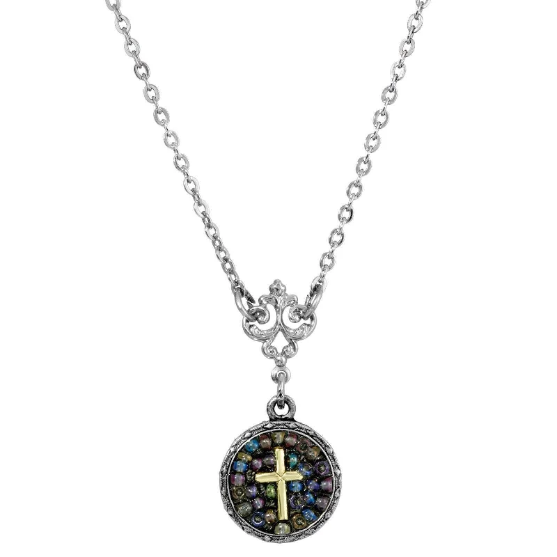 Charm Necklaces-Symbols Of Faith Purple Seeded Beads Cross Round Pendant Necklace 16" + 3" Extender