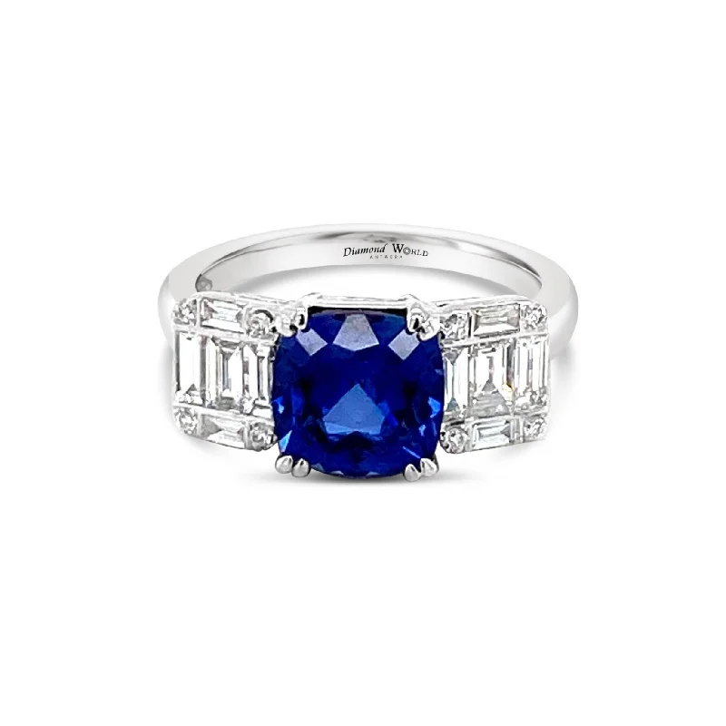 Two-Tone Promise Rings-Cushion cut Sapphire & Diamonds "jennifer" Ring